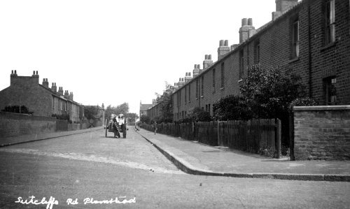 Sutcliffe Road, Plumstead. Lily Hall lived there for 50 years after her sister Rose Hall got married to George Selves. Note the milk delivery man and wagon.
The date of photo is About 1918. Photo: John Miles