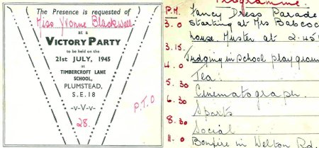 Victory Party invite (1945) to Yvonne Blackwell at Timbercroft Lane School